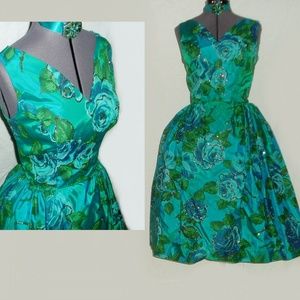 Vintage Emerald Turquoise Glittery Party Dress  M